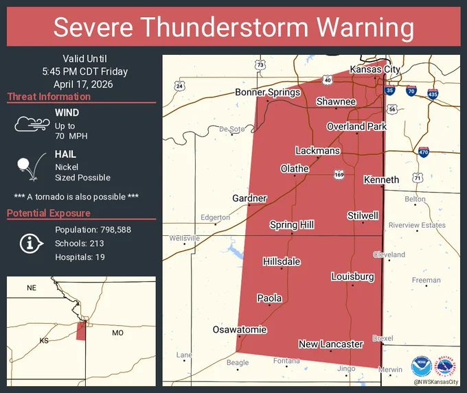 This graphic displays a severe thunderstorm warning plotted on a map. The warning is in effect until 5:45 PM CDT. The warning includes Overland Park KS, Kansas City KS and Olathe KS.  This warning is for Central Wyandotte County in northeastern Kansas, Miami County in east central Kansas and Johnson County in east central Kansas. The threats associated with this warning are wind gusts up to 70 MPH and nickel sized hail. There are 798,588 people in the warning along with 213 schools and 19 hospitals.