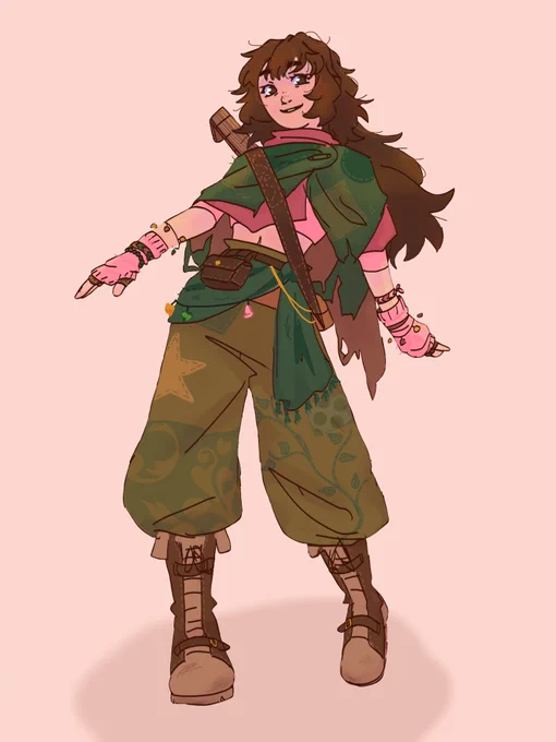 this photo is an image of phan's dnd character, millie farrock! 
she has long brown hair with a messy, messed up jellyfish cut, a green and pink patchy shawl, a pink undershirt, pink woolen arm warmers with leather arm braces under, patchy green pants, a belt, leather boots, and a green scarf tied around the waist!

she also wears a several bracelets.