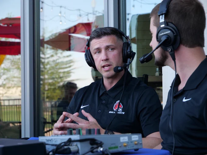 Ball State men’s basketball coach Chris Capko is pictured speaking in four images with Mark Foerster during a WMUN Radio Show at the 1925 Pubhouse. 2 of 4.