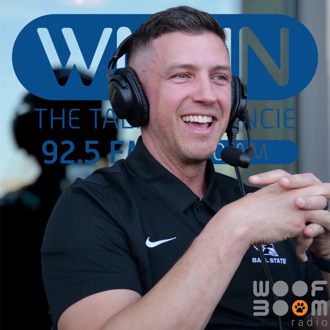 Ball State men’s basketball coach Chris Capko is pictured speaking in four images with Mark Foerster during a WMUN Radio Show at the 1925 Pubhouse. 1 of 4.

****
A background logo is displayed for WMUN Radio. A lower right logo represents Woof Boom Radio.