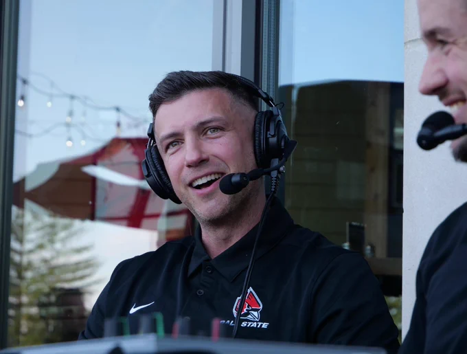 Ball State men’s basketball coach Chris Capko is pictured speaking in four images with Mark Foerster during a WMUN Radio Show at the 1925 Pubhouse. 3 of 4.