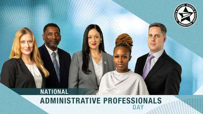 Group of five professionals dressed in business attire pose for National Administrative Professionals Day.