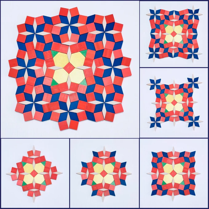 The top left main image shows a square-like geometric design created with pattern blocks. At the center four green triangles, four yellow hexagons and four tan rhombuses are placed around a central orange square. Around the central design are eight flower-like arrangements made of four blue and four tan rhombuses surrounded by eight orange squares. The images along the bottom and on the right show the progression of the design.