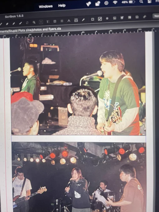 Photograph of a computer screen running the Scribus app, showing photographs of the Japanese bands Stupid Plots and Silky.