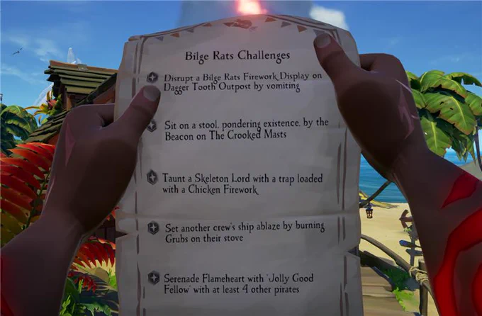 The challenges are as follows:

1. Disrupt a Bilge Rats Firework display on Dagger Tooth Outpost by vomiting
2. Sit on a stool, pondering existence by the Beacon on The Crooked Masts
3. Taunt a Skeleton Lord with a trap loaded with a Chicken Firework
4. Set another crew's ship ablaze by burning grubs on their stove
5. Serenade Flameheart with "Jolly Good Fellow" (shanty) with at least 4 other pirates.
