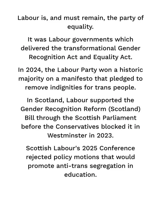 Labour is, and must remain, the party of equality. It was Labour governments which delivered the transformational Gender Recognition Act and Equality Act. In 2024, the Labour Party won a historic majority on a manifesto that pledged to remove indignities for trans people. In Scotland, Labour supported the Gender Recognition Reform (Scotland) Bill through the Scottish Parliament before the Conservatives blocked it in Westminster in 2023. Scottish Labour's 2025 Conference rejected policy motions that would promote anti-trans segregation in education.