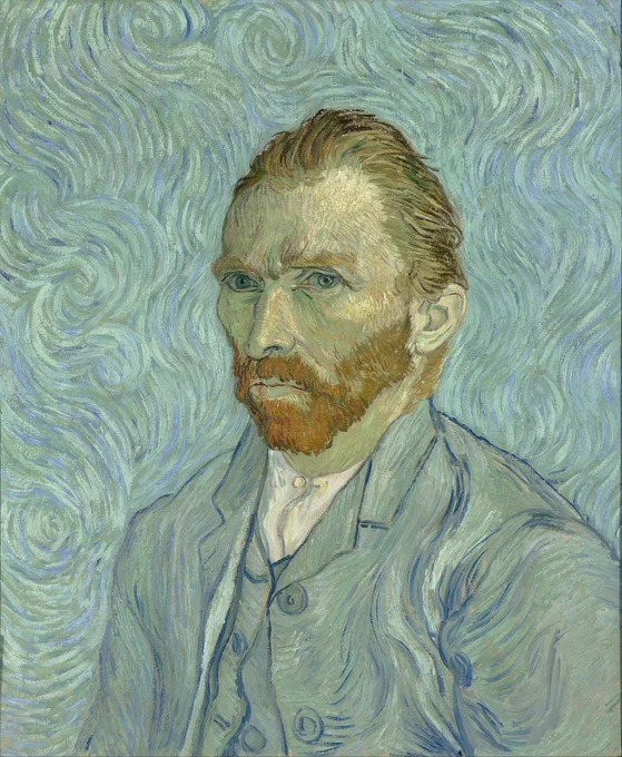 A portrait of a man with a reddish beard, wearing a light blue jacket, against a swirling blue-green background, capturing intense emotion.