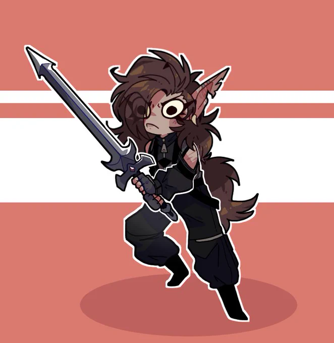 A digital drawing of my OC Grimms who was from a Curse of Strahd campaign. He has long hair with chipped ears that also has a piercing of what appears to be a tooth through it. He's holding a sword angrily as if he's getting ready to engage in combat. 
