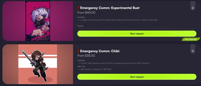 Image is from a listing on VGen with Emergency commissions that are for experimental busts and chibi art