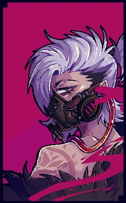 A semi-pixelated bust with some more smoother colored gradient elements to it. It appears to be a back view of a character that's facing towards the viewer. They have a gasmask on with a strange tube with fluid coming out of it along with white hair. They have tattoos on their shoulder and next that appear to be of roses. The background is a bright hot pink