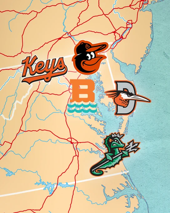 Map of the Chesapeake Bay region featuring the logos of: 
Baltimore Orioles
Frederick Keys
Chesapeake Baysox
Delmarva Shorebirds
Norfolk Tides