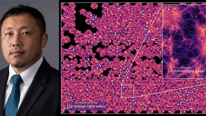 A researcher next to a graph.