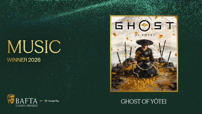 Designed graphic with a pine green background and lighter green and blue particle detailing. To the left of the graphic there is gold text which reads ‘Music Winner 2026’. The BAFTA logo with Google Play lock up sits on the bottom left of the graphic and on the right-hand side there is a gold framed box with the title artwork for the game ‘Ghost Of Yōtei’ within the frame. Beneath the box it reads ‘Ghost Of Yōtei’ in white text.