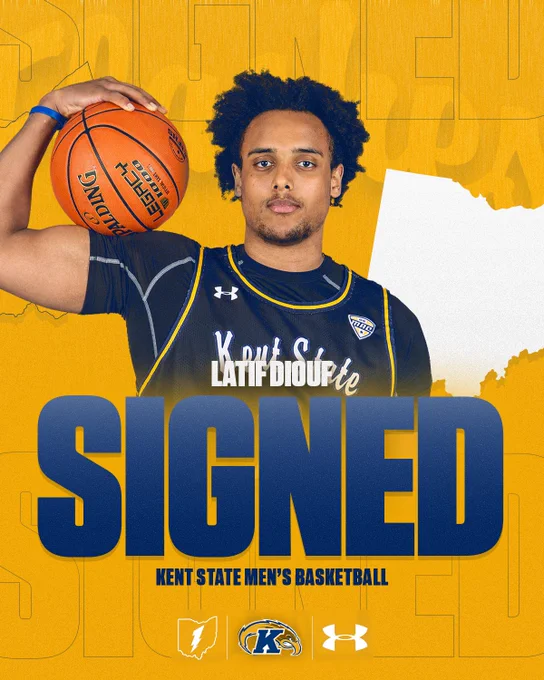 Kent State Men's Basketball signing announcement graphic for Latif Diouf. A gold background features Diouf in a navy Kent State uniform holding a basketball above his shoulder. A white outline of the state of Ohio appears behind him. Text reads 'Latif Diouf – Signed – Kent State Men's Basketball.' The Ohio Flash, Kent State Golden Flashes, and Under Armour logos appear at the bottom.