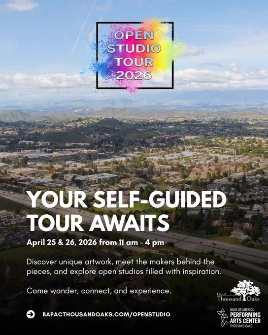 Aerial view of Thousand Oaks under a partly cloudy sky with colorful text promoting the Open Studio Tour 2026 and self-guided art tours in April.