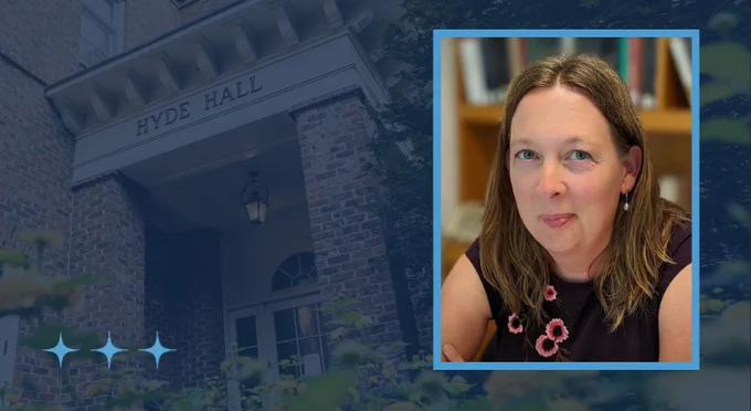 A headshot of Mariska Leunissen above a duotone photo of Hyde Hall.