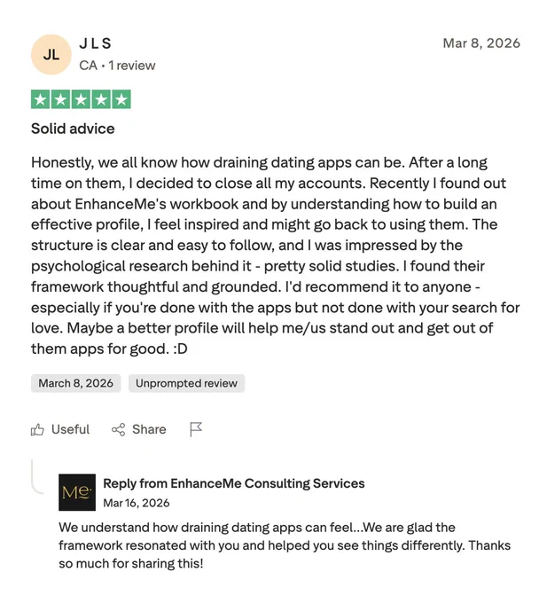 Screenshot of a 5-star review describing how EnhanceMe’s workbook helped someone move from dating app fatigue to feeling clearer and more confident about their profile.