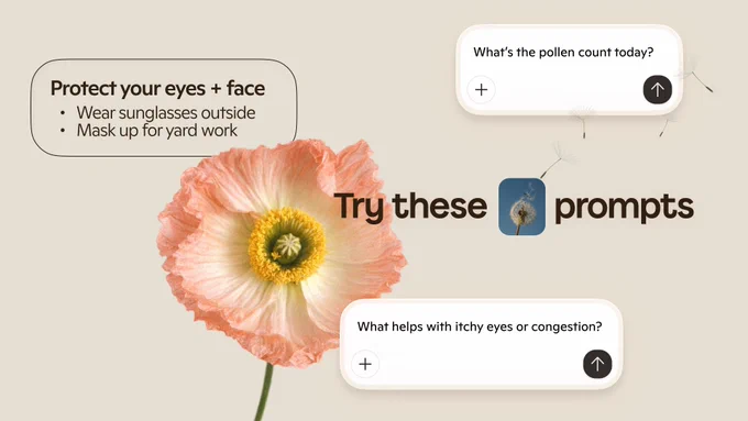 Graphic with a green flower bud on a beige background. Text reads: ‘Keep your air clean’ with bullet points: close windows on high‑pollen days; use AC in home and car; add a HEPA air purifier.”