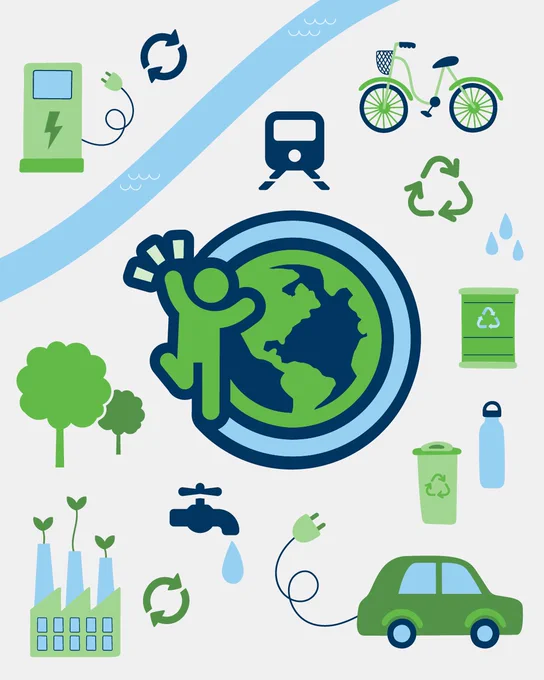 Earth Day graphic featuring icons of an electric vehicle, a recycling bin, a bicycle, and a person standing next to a globe.