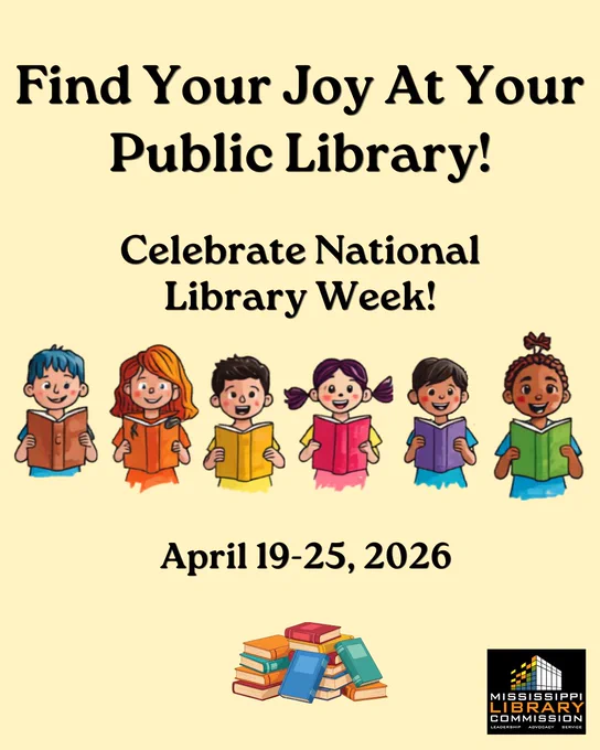 Alt text: Graphic promoting National Library Week with the message “Find Your Joy at Your Public Library,” showing children reading and listing the dates April 19–25, 2026.
 
 
 
