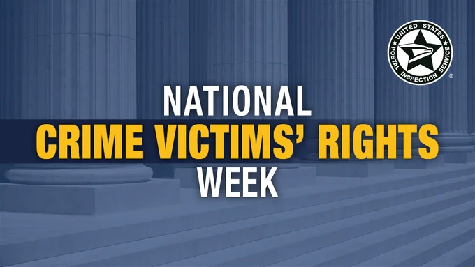 "National Crime Victims' Rights Week" in bold yellow and white text over a blue background featuring columns and steps.