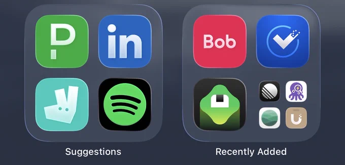 iOS App Library - suggestions and recently added. PagerDuty, LinkedIn, HiBob and UniFi Verify are in a row. The icons are a P, the word “in”, the word “bob” and a tick, respectively.