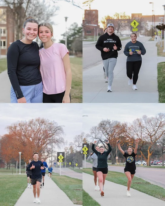 A four photo collage shows participants taking part in an Ag Week “Milk Run” on the South Dakota State University campus, including people posing for photos and others jogging along sidewalks lined with trees and campus buildings.