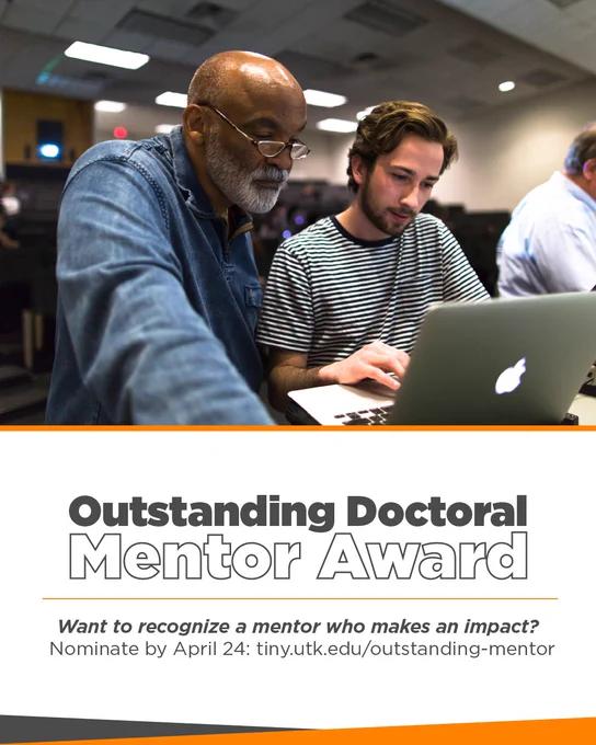 Two people are collaborating in a classroom setting, focused on a laptop. The image promotes the "Outstanding Doctoral Mentor Award" with nomination details.