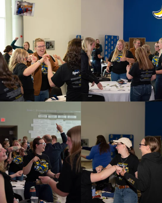 Collage of participants stand and interact at tables during the Ag Week banquet at SDSU, engaging in games or activities in Club 71.