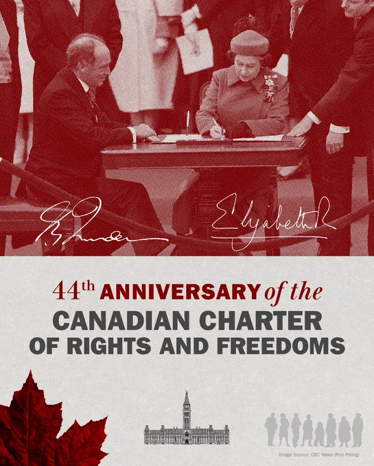 Graphic with the text: 44th ANNIVERSARY OF THE CANADIAN CHARTER OF RIGHTS AND FREEDOMS.