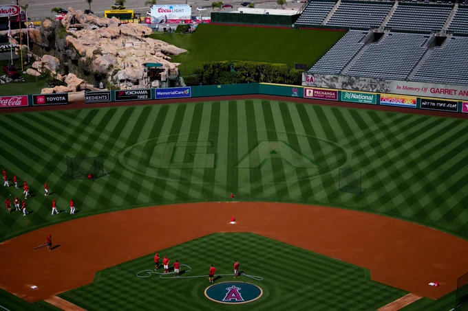 High-home view of Angel Stadium
Garret Anderson's initials, "GA," are mowed into the outfield grass