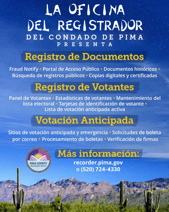 El poster está diseñado como el cartel de un festival de música y dice: "La Oficina del Registrador del condado de Pima presenta: Registro de Documentos: Fraud Notify, Portal de Acceso Público , Documentos históricos, Búsqueda de registros públicos. Copias digitales y certificadas; Registro de votantes: Panel de Votantes, Estadísticas de votantes, Mantenimiento del lista electoral, Tarjetas de identificación de votante, Lista de votación anticipada activa. Votación Anticipada: Sitios de votación anticipada y emergencia, Solicitudes de boleta por correo, Procesamiento de boletas, Verificación de firmas. Más información: recorder.pima.gov o (520) 724-4330."
