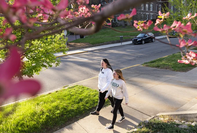 Students seen walking down the sidewalk through pink flowers 