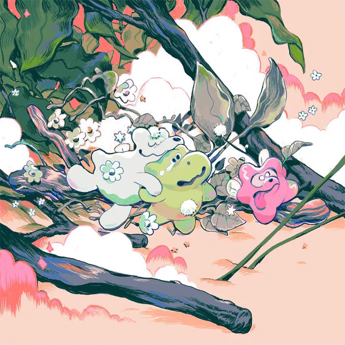 three strange gummy bears wander through nature debris.