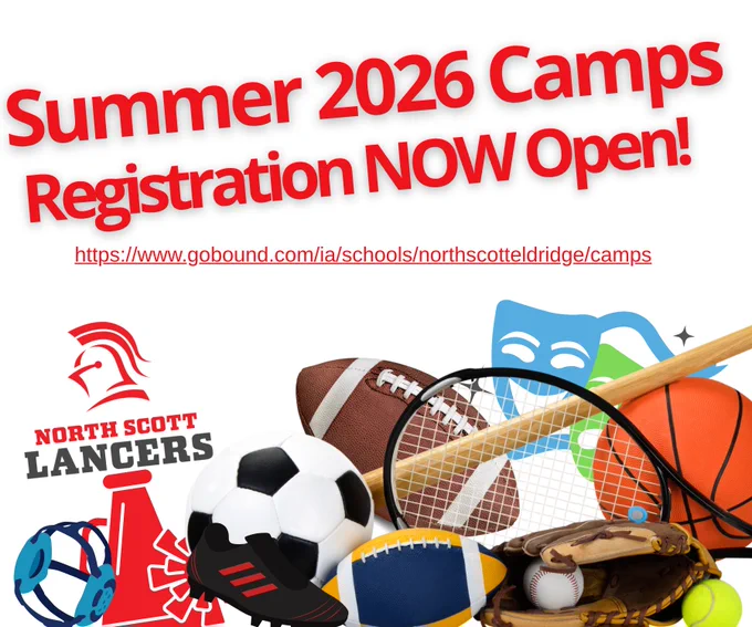 Summer 2026 Camps registration announcement with sports equipment, including a basketball, football, soccer ball, volleyball, baseball bat, tennis ball, and glove. Includes North Scott Lancers logo and website link for registration.