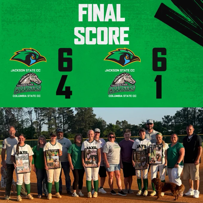 Graphic displaying “FINAL SCORE” with Jackson State Community College defeating Columbia State CC 6–4 and 6–1 in a doubleheader sweep. Below, a group photo on a softball field shows players in green and white uniforms holding framed collages, surrounded by family members and coaches during sophomore night recognition. Trees and a clear sky are visible in the background, and a dog stands near the group.
