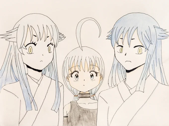 左からオリキャラの、薄紺(あお)、深海(みみ)、濃紺(くろ)