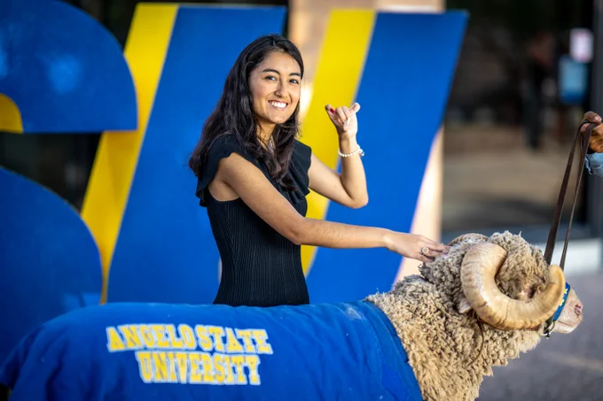A smiling person poses with a large ram covered in a blue cloth with "Angelo State University" written on it.