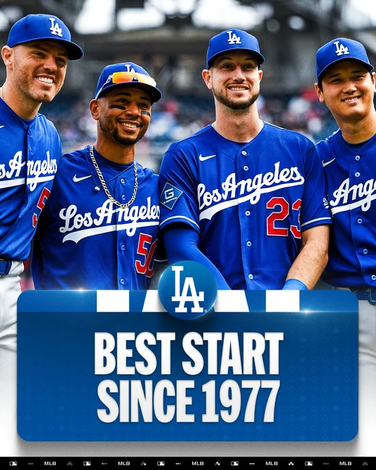 Los Angeles Dodgers
Best Start Since 1977
Freddie Freeman, Mookie Betts, Kyle Tucker, and Shohei Ohtani all smile while wearing blue Los Angeles Dodgers uniforms and caps.