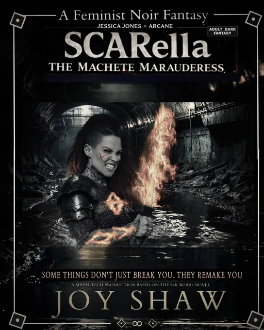 Dark feminist noir fantasy poster featuring a scarred armored vigilante standing in a flooded, post-apocalyptic tunnel, gripping a flaming machete. A glowing sigil burns on her chest and along her arm, suggesting myth-tech power. Title reads SCARELLA: THE MACHETE MARAUDERESS with the tagline: “Some things don’t just break you. They remake you.”