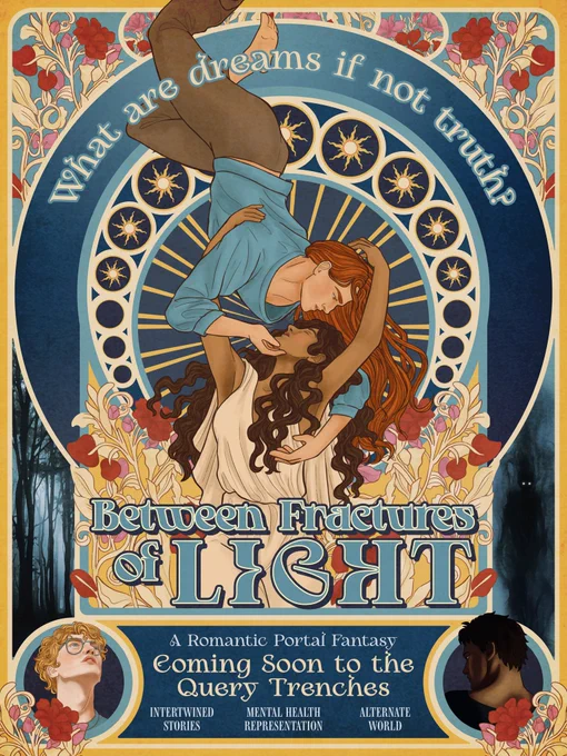 An art nouveau style poster featuring a couple. Title: Between Fractures of Light