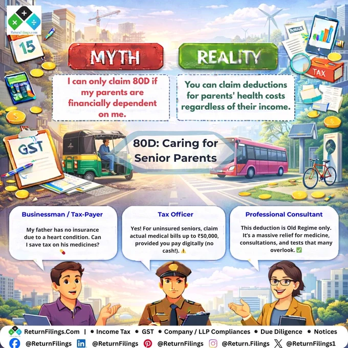 Image provided by ReturnFilings.Com it contains Don't let your parents' medical bills go to waste! 🏥💸✨

The Myth: "I can't claim 80D because my father has his own pension."
The Reality: Dependency doesn't matter! You can claim health expenses for your parents regardless of their income. 🛡️

How to save in 2026:
1️⃣ Insurance-Free Claim: If they are seniors without insurance, you can deduct up to ₹50,000 for their medicines and doctor fees. 💊
2️⃣ Digital Trail: Use UPI or Bank Transfers. CASH is a crash—it disqualifies your claim instantly! ⚠️💳
3️⃣ Checkup Bonus: Don't forget the ₹5,000 preventive checkup sub-limit! ✅

Save tax while providing the best care! 🩺🛡️

#ReturnFiling #Returnfilings #TaxSeason #80D #SeniorCitizen #ParentalCare #IncomeTaxIndia #MoneyManagement #HealthTips
