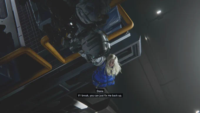 Diana from the game pragmata is hanging over a ledge, hugh is holding onto her arm