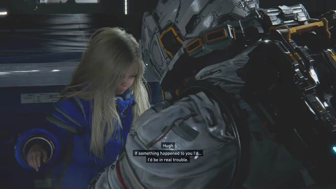 Diana from the game pragmata is being brushed down by hugh after being pulled up from the ledge