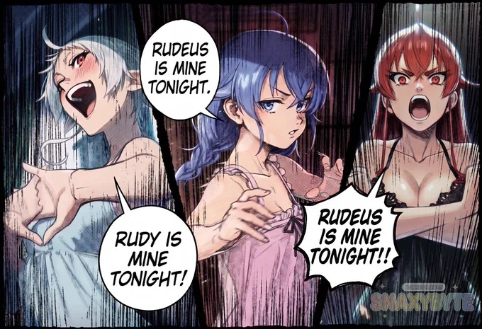 Three girls, each in nightwear, compete for Rudeus's attention, expressing their claims with intense expressions and bold statements.