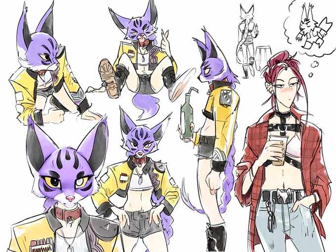 Digital art. Rumi and Mira from Kpop Demon Hunters. Several drawings of Rumi posing wearing a purple fursuit head and an outfit similar to her movie costume: yellow racing jacket, hotpants and big black boots. The fursuit head has a small snout and pink nose. It has white fur around the edges and some radial black stripes.  The one drawing of Mira she is holding a drink and wearing an open red flannel and harness around her chest.
