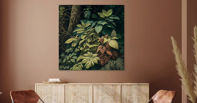 A view of a lush, dense forest, this high-resolution artwork captures the serene beauty of nature through richly detailed foliage. On one side, deep green leaves dominate, while the other side features earthy brownish-green tones, creating a natural contrast. Small branches, textured leaves, and diverse plant shapes are intricately rendered in the style of a classic oil painting. The composition evokes a sense of calm and wonder, making it ideal for nature lovers, botanical art enthusiasts, or anyone seeking a peaceful forest scene for their space.