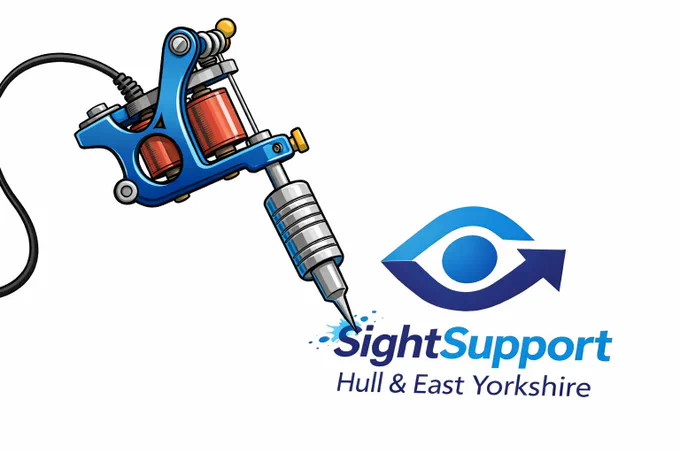 Blue tattoo machine drawing ink drops next to Sight Support Hull & East Yorkshire logo with an eye and arrow design.