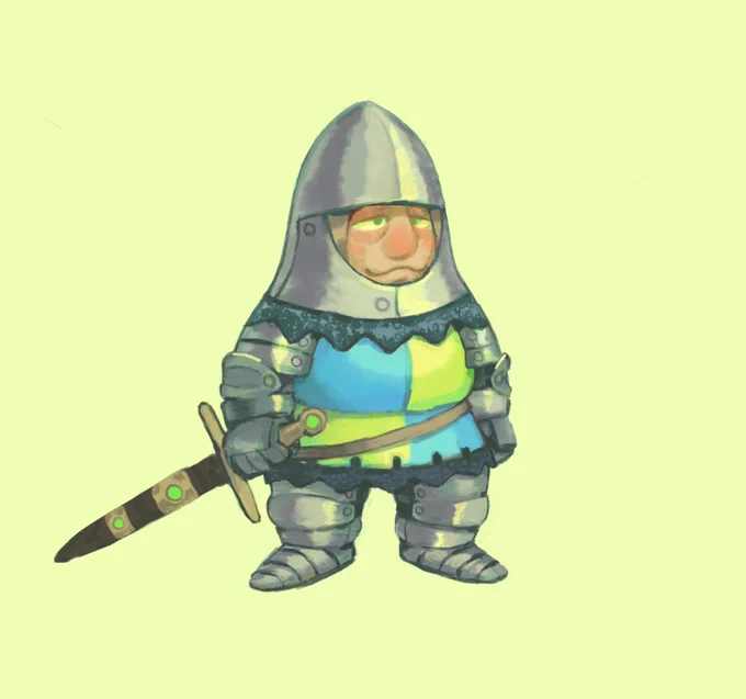 a squat knight with a blue and yellow tabbard stands with a sword
