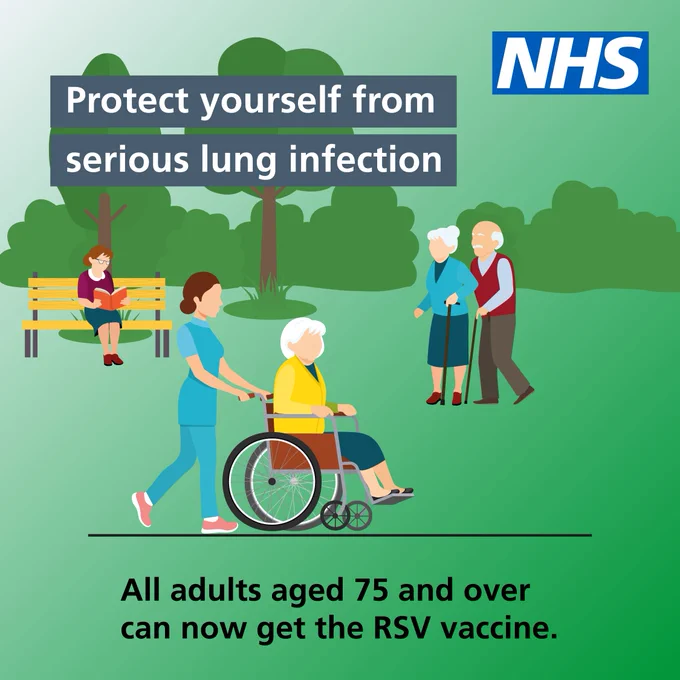 Illustration showing older adults in a park with text about the RSV vaccine for people aged 75 and over.